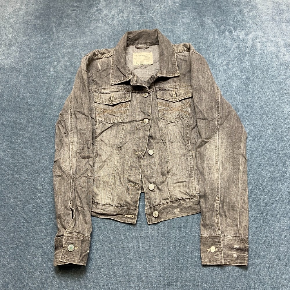 Aeropostale Trucker Jacket Womens Large Gray Denim Cotton Chest Pockets Winter